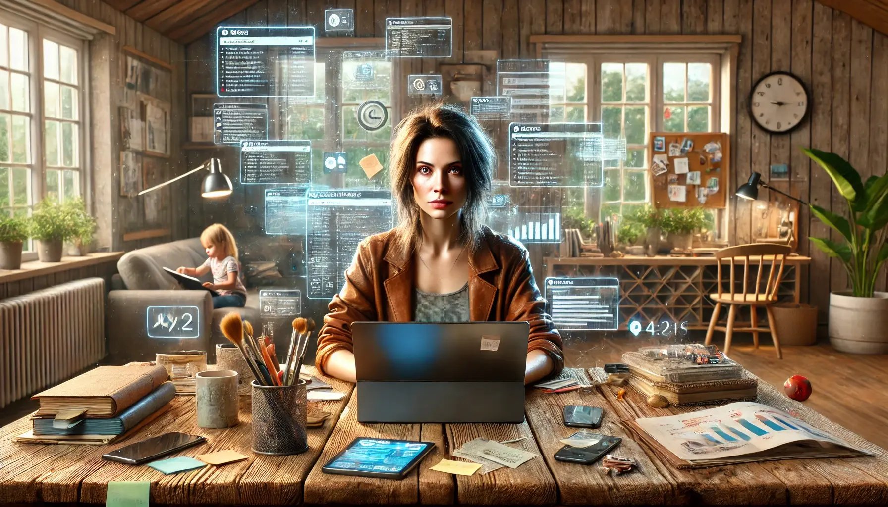 DALL·E 2025-01-19 18.50.01 - A highly photorealistic image of a determined woman sitting at a rustic wooden desk in a modern, natural-colored home office. The woman has her hair d