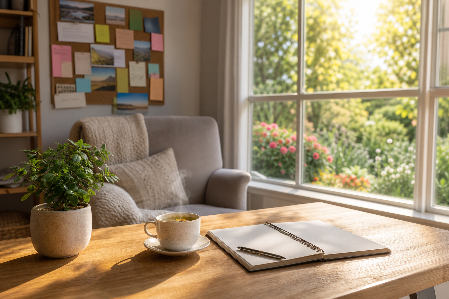 Sunlit Workspace with Garden View and Vision Board